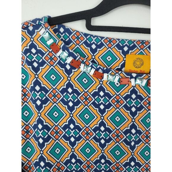 Ruby Rd Top L Womens Multicolor Crew Neck 1/2 Roll Tab Sleeve Geometric Pullover - Picture 7 of 9